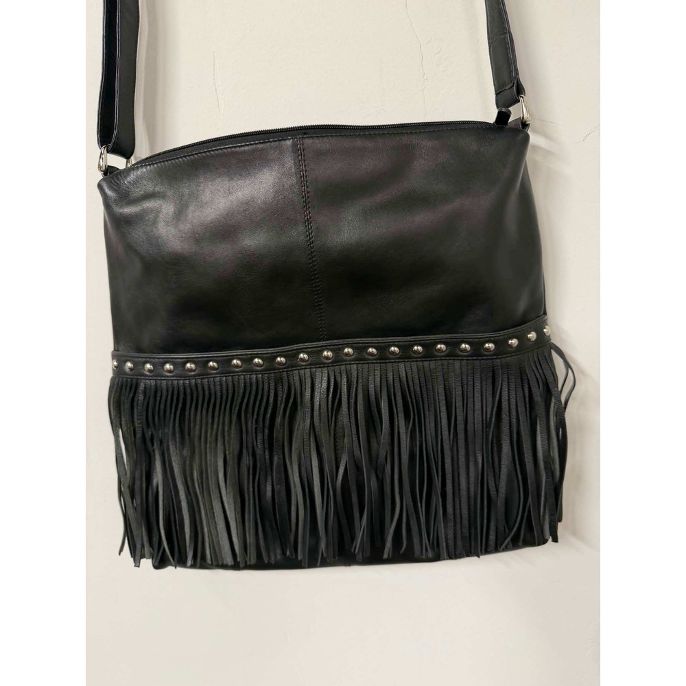 ili New York Women Large Black Leather Hobo Crossbody Bag Fringe StuddedBoho